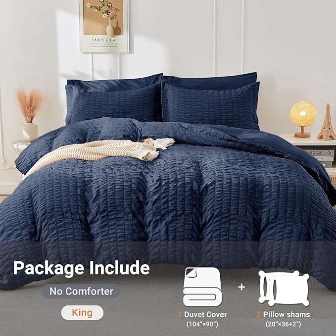 HYMOKEGE Navy Blue Duvet Cover King Size, Ultra Soft 3-Piece Seersucker Duvet Cover Set with Zipper Closure, Soft Brushed Microfiber Bedding Set with 8 Corner Ties (104"x90", 2 Pillowshams)