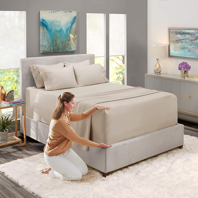 Hearth & Harbor Bed Sheets, Luxury Soft 6 Piece Bed Sheet Set Extra Deep Pocket Fitted Sheets Fits Mattress up to 21", Double Brushed Bedding Sheets & Pillowcases, Split King Natrual Linen