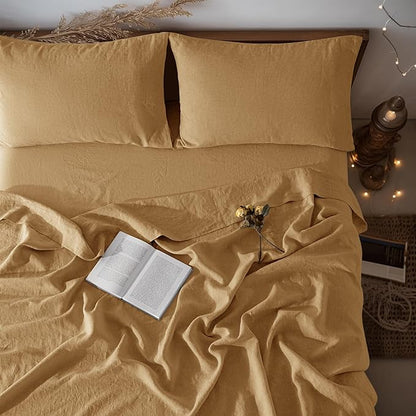 LBRO2M 100% Pure Linen Sheet Set Deep Pocket Up to 16" Bed Sheets Sets, Natural Flax Beddings Soft, Breathable, Comfortable for All Seasons 4 Pcs Sheet Set Queen Size, Rust