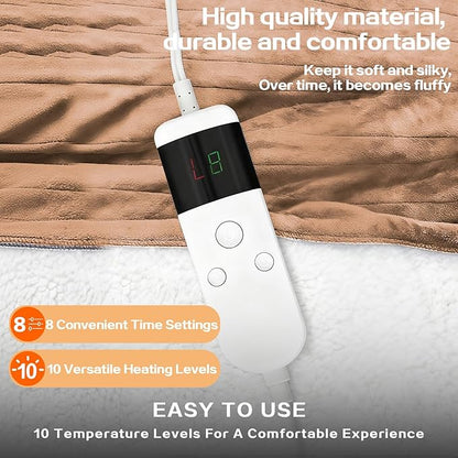 Electric Heated Blanket Full Size 72''x84''-Control Heating Blanket, Soft & Warm Flannel 10-Level Temperature Control, 8 Hours Auto Off, Rapid Heating & Overheat Protection