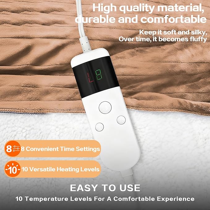 Electric Heated Blanket Twin Size 62''x84'' -Control Heating Blanket, Soft & Warm Flannel 10-Level Temperature Control, 8 Hours Auto Off, Rapid Heating & Overheat Protection