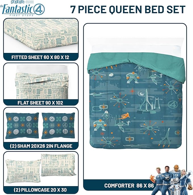Jay Franco Comforter Set Includes Sheets and Pillow Covers - Soft and Cozy Bed Set for Stylish Room Decor, Blue - The Fantastic Four, 7 Piece Queen Size Bedding