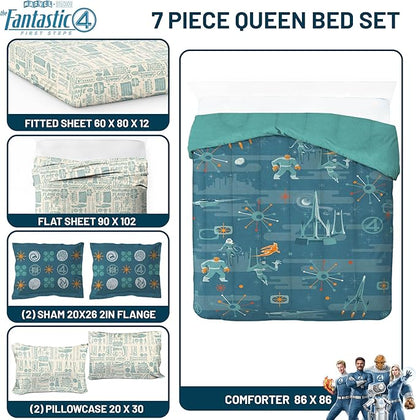 Jay Franco Comforter Set Includes Sheets and Pillow Covers - Soft and Cozy Bed Set for Stylish Room Decor, Blue - The Fantastic Four, 7 Piece Queen Size Bedding