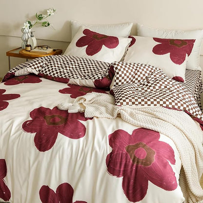 KAREVER Burgundy Floral Comforter Twin White with Burgundy Flower Bedding Set 3 PCs Comforter Set Twin Size Comforter (68x90 Inches) with 2 Pillowcases (26x26 inches)