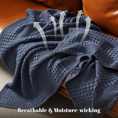 PHF 100% Cotton Waffle Weave Throw Blanket, Soft Lightweight Breathable Cozy Throws for Couch Bed Sofa, Luxury Aesthetic Blanket Gift for Home Decor & Office, 50"x60", Indigo
