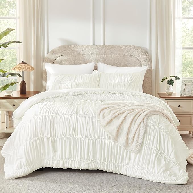 Andency Ruched Ivory Oversized Queen Size Comforter Sets, Shabby Chic Pleated Bedding Sets 3 Pieces, Lightweight Soft Boho Ruffle Bed Set for Girls, Kids, Women, All Season