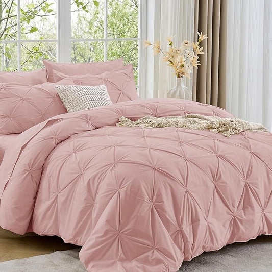 Sasttie Full Size Comforter Set, 7-Piece Bed in a Bag, Pintuck Bedding Set for All Season, Includes Comforter, Flat Sheet, Fitted Sheet, Pillowcases and Pillowshams, Rose Gold