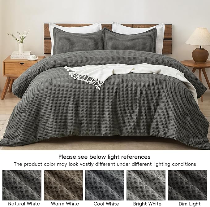 PHF Ultra Soft Waffle Weave Comforter Set Queen Size, 3 Pieces Lightweight Breathable Comfy Bedding Set, Comfy Textured 1 Comforter with 2 Pillow Shams, Grey