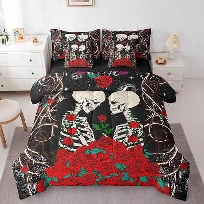 Erosebridal Sugar Skull Bed in a Bag King Size Comforter Set 7 Pieces,Gothic Bone Skeleton Halloween Decorations Bedding Sets Red Rose Sheet Set with Comforter