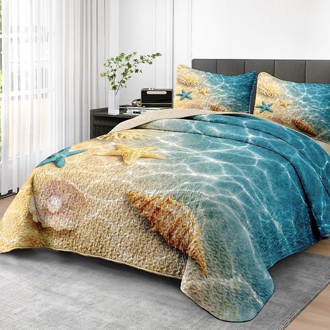 Quilt Set Twin Size, Summer Beach Seashell 2 Pcs Soft Bed Cover Bedding Set for Kids and Adults, Blue Ocean Sea Shell Lightweight Bedspread Coverlet with Pillow Sham for All Season