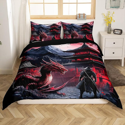 Feelyou Dragon Bedding Set Twin Size Kids Samurai Comforter Cover Set for Boys Japanese Style 3D Dragon Theme Anime Ancient Wildlife Duvet Cover Red Bedspread Cover Room Decor Quilt Cover,No Comforter