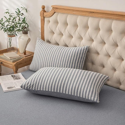 PURE ERA Jersey Knit Pillowcases 100% T-Shirt Cotton Super Soft Comfy Breathable, Set of 2, Queen 20" x 30",Heather Blueish Grey Stripe