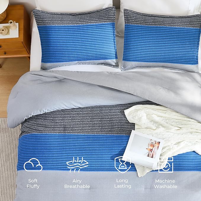 Litanika Bed Comforter Full Set Grey Blue, Striped Bedding Set, 3 Pieces Lightweight Soft All Season Down Alternative Comforter and 2 Pillowcases