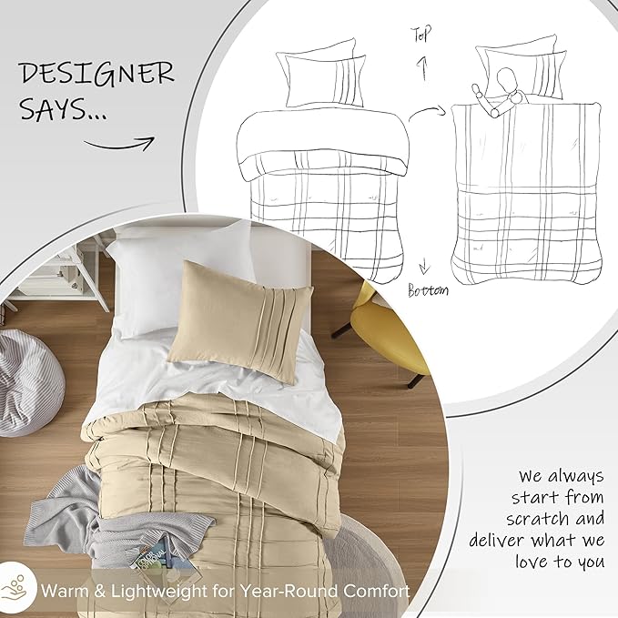 Comfort Spaces Khaki Twin Size Comforter Set - 2 Pieces Pintuck Pleated Bedding Sets, All Season Lightweight, Extra Softness Pre-Washed Microfiber Twin Bed Set, Shams, Twin