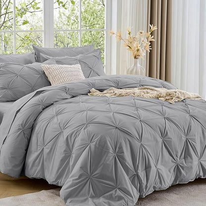 Sasttie California King Comforter Set, 7-Piece Bed in a Bag, Pintuck Bedding Sets for All Season, Includes Comforter, Flat Sheet, Fitted Sheet, Pillowcases and Pillowshams, Light Grey