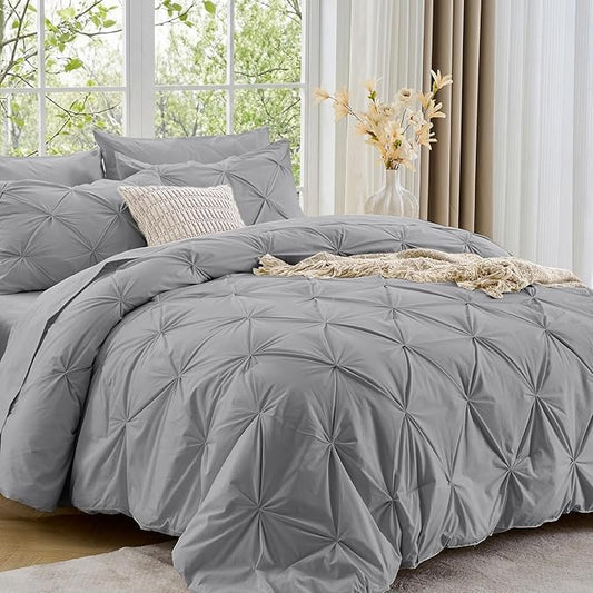 Sasttie Twin XL Comforter Set, 5-Piece Bed in a Bag, Pintuck Bedding Sets for All Season, Includes Comforter, Flat Sheet, Fitted Sheet, Pillowcase and Pillowsham, Light Grey