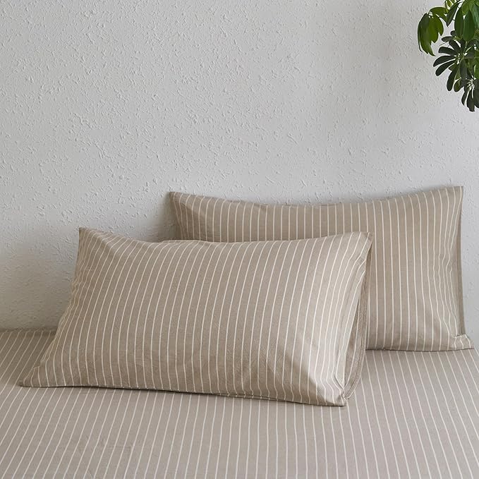 MooMee Bedding Pillowcases Striped Pack of 2 100% Washed Cotton Linen Like Textured Breathable Durable Soft Comfy (Tannish Linen Grey White Wide Stripes, Queen)