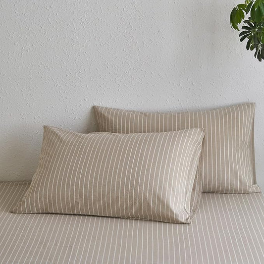 MooMee Bedding Pillowcases Striped Pack of 2 100% Washed Cotton Linen Like Textured Breathable Durable Soft Comfy (Tannish Linen Grey White Wide Stripes, Queen)