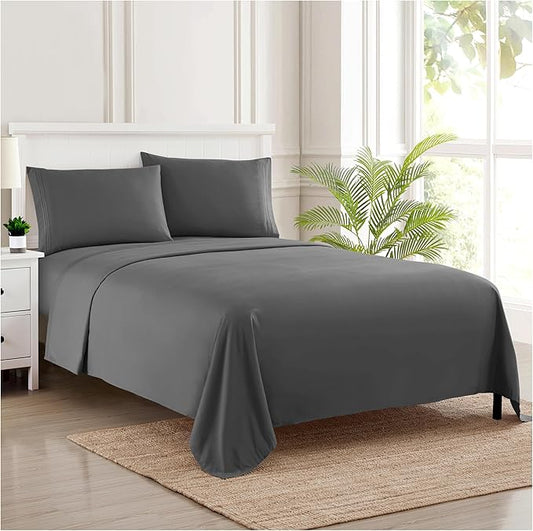RV Queen Bed Sheets - Breathable Luxury Sheets with Full Elastic & Secure Corner Straps Built In - 1800 Supreme Collection Extra Soft Deep Pocket Bedding Set, Sheet Set, RV Short Queen, Gray
