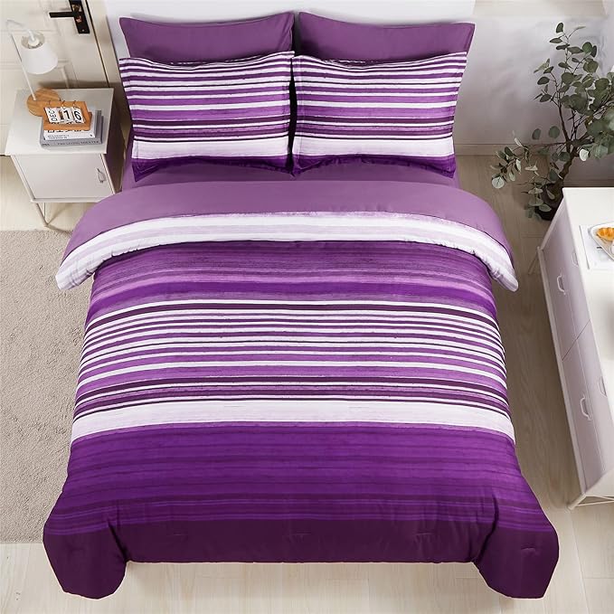 KAKIJUMN 7 Piece Bed in a Bag Stripe Comforter Set Full Size, White and Purple Patchwork Striped Comforter and Sheet Set, All Season Soft Microfiber Complete Bedding Sets(Purple,Full)