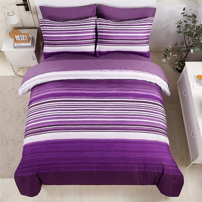 KAKIJUMN 7 Piece Bed in a Bag Stripe Comforter Set Full Size, White and Purple Patchwork Striped Comforter and Sheet Set, All Season Soft Microfiber Complete Bedding Sets(Purple,Full)