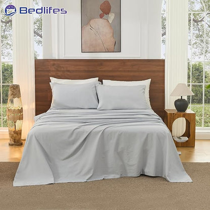 Bedlifes 100% French Pure Linen Sheets Queen Size Breathable and Cooling Flax Sheet Set Soft Durable and Moisture Wicking 16 Inch Deep Pocket-4 Piece(Queen,Grey)
