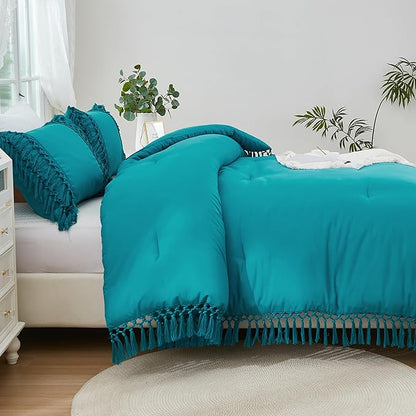 Andency Turquoise Comforter Set Queen, 3 Pieces Boho Tassel Lightweight Soft Bedding Comforter Sets, All Season Fluffy Fringe Bed Set (90x90In Comforter & 2 Pillowcases)