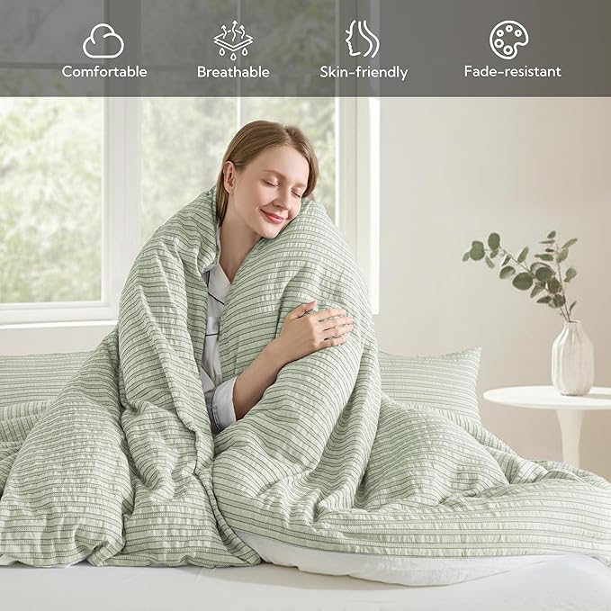 MILDLY Jacquard Stripe Duvet Cover - Sage Green 100% Washed Cotton Boho Textured Comforter Cover Set with Zipper Closure 104"x90"