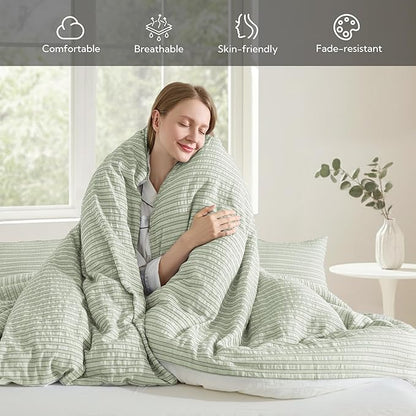 MILDLY Jacquard Stripe Duvet Cover - Sage Green 100% Washed Cotton Boho Textured Comforter Cover Set with Zipper Closure 104"x90"