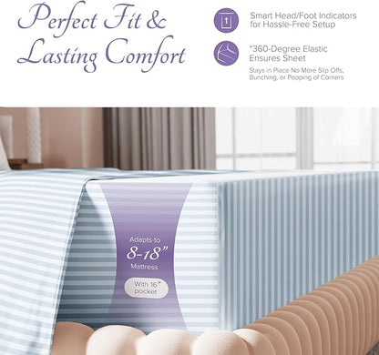 Carressa Linen Luxury Egyptian Cotton Full Stripe Sheet Set - 600 Thread Count Extra Long Staple 4 PC Set, Light Blue Full Damask Sheets, Soft, Cooling Sateen Weave Sheets Upto 18 in Deep Pocket