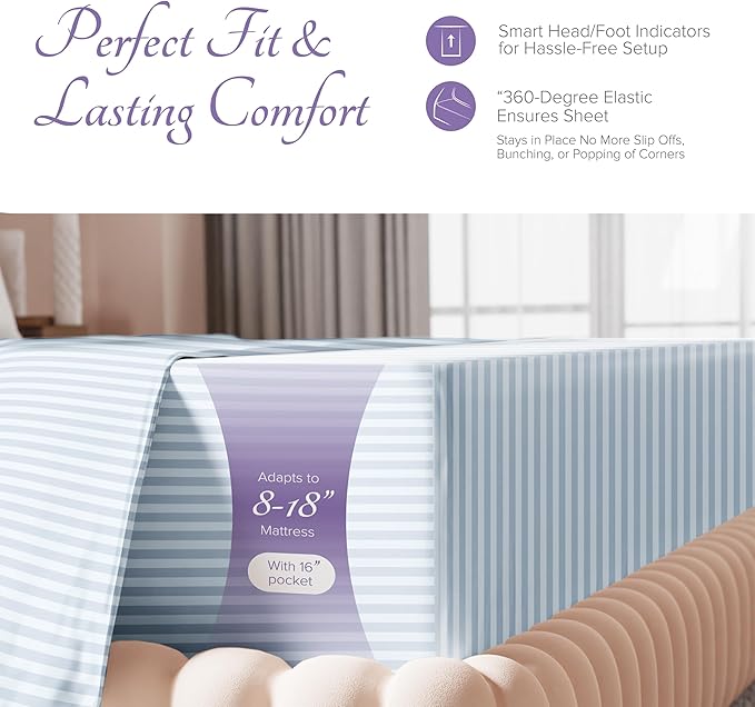 Carressa Linen Luxury Egyptian Cotton King Stripe Sheet Set, 600 Thread Count Extra Long Staple 4 PC Set, King Damask Sheet, Soft, Cooling Sateen Weave Striped Sheets Upto 18" Deep Pocket - Light Blue