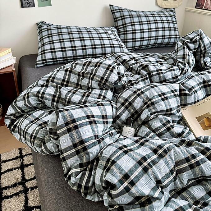 HighBuy Grey Gingham Grid Comforter Set Twin XL Size, Modern Chic Plaid Comforter Set 3 Pieces Fluffy Soft Boho Checkered Pattern Printed Comforter with 2 Pillowcases for Boy Men