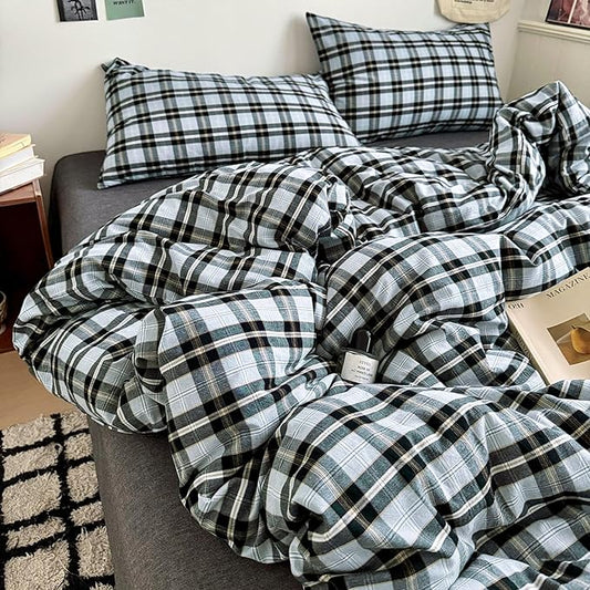 HighBuy Grey Gingham Grid Comforter Set Twin XL Size, Modern Chic Plaid Comforter Set 3 Pieces Fluffy Soft Boho Checkered Pattern Printed Comforter with 2 Pillowcases for Boy Men
