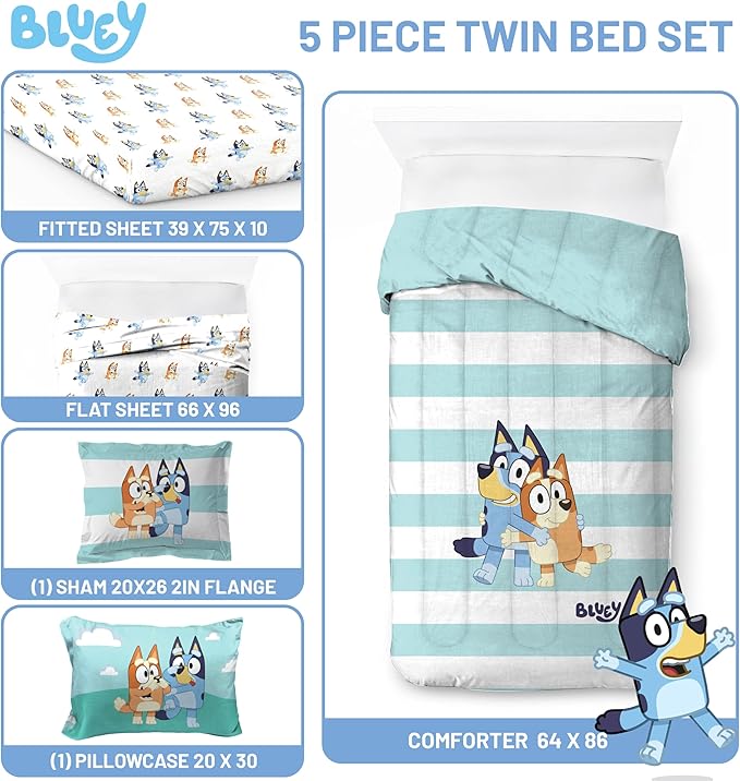 Jay Franco Bluey & Bingo 5 Piece Twin Size Bed Set - Includes Comforter & Sheet Set - Super Soft Kids Bedding Fade Resistant Microfiber (Official Bluey Product)