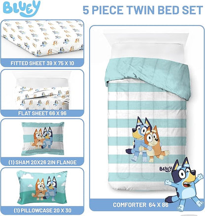Jay Franco Bluey & Bingo 5 Piece Twin Size Bed Set - Includes Comforter & Sheet Set - Super Soft Kids Bedding Fade Resistant Microfiber (Official Bluey Product)