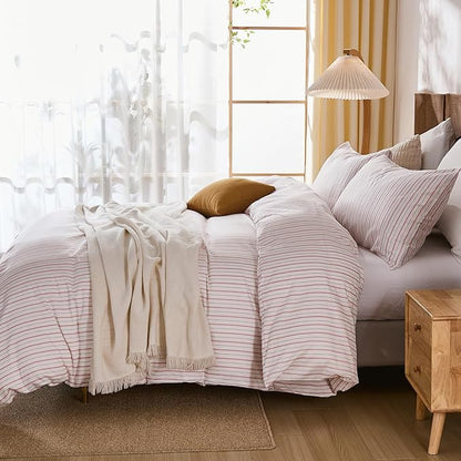 Merryword 100% Cotton Duvet Cover Set Queen Size - White & Pink Stripes Duvet Cover with Pillowcases, Soft Breathable Bedding Set Modern Minimalist Pinstripe Comforter Cover for All Seasons
