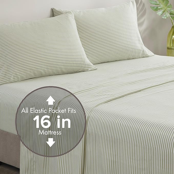 Madison Park Essentials Jaxon Full Comforter Set, Bed in A Bag Comforter & Sheet Set, Modern Casual Stripes Print, All Seasons, Soft Bedding Makeover, Matching Sham, Full Green/Grey 7 Piece