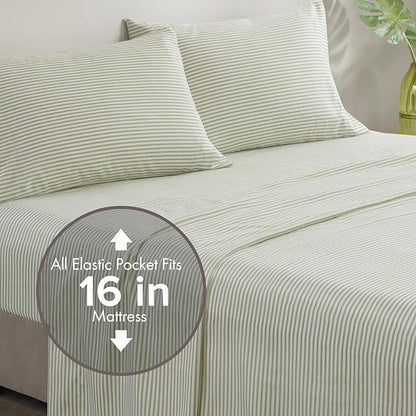 Madison Park Essentials Jaxon Queen Comforter Set, Bed in A Bag Comforter & Sheet Set, Modern Casual Stripes Print, All Seasons, Soft Bedding Makeover, Matching Sham, Queen Green/Grey 7 Piece
