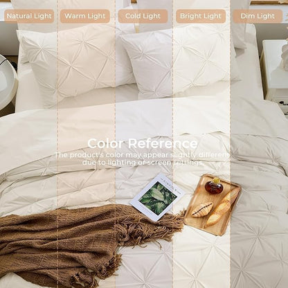 Sasttie King Size Comforter Set, 7-Piece Bed in a Bag, Pintuck Bedding Set for All Season, Includes Comforter, Flat Sheet, Fitted Sheet, Pillowcases and Pillowshams, Beige