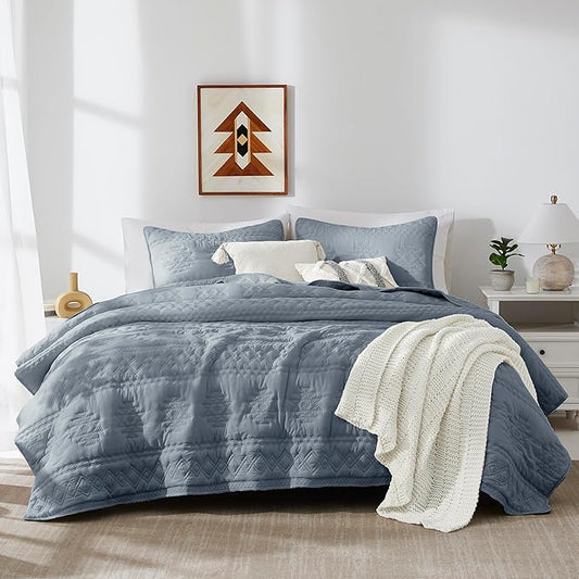 WDCOZY Boho Blue Grey Quilts Queen Size Bedding Sets with 2 Pillow Shams, Farmhouse Lightweight Soft Bedspread Coverlet for All Season, 3 Pieces, 90x90 inches