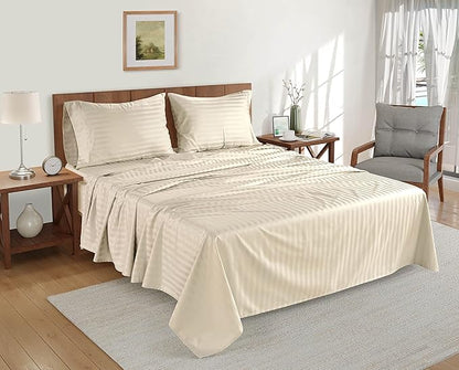 LANE LINEN Striped Sheets Set - 100% Egyptian Cotton 4 Piece Bed for Queen Size Hotel Bedding & Pillowcases 16" Deep Pocket (Fits Upto 17" Mattress) Ivory