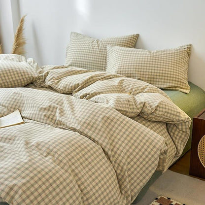 EAVD Vintage Style Green Plaid Duvet Cover Queen Soft 100% Washed Cotton Chic Checkered Gingham Bedding Set with 2 Pillowcases Farmhouse Green Gingham Duvet Cover with Zipper Closure