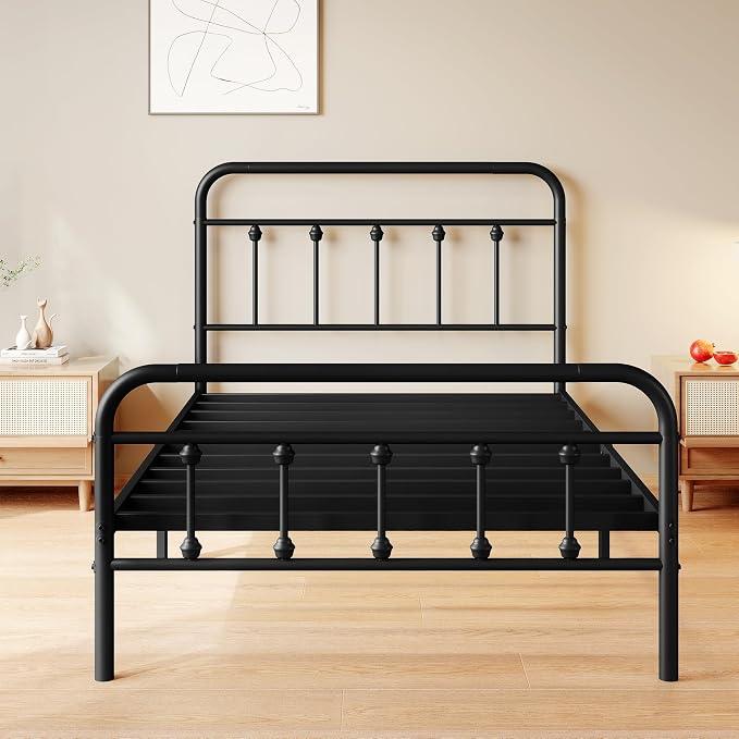 zunatu King Size Metal Bed Frame with Victorian Style Headboard and Footboard, Steel Slat Support Platform Bed, No Box Spring Needed, Under Bed Storage, Easy Assembly, Black