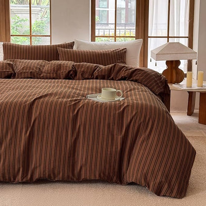 Striped Duvet Cover Set 100% Washed Cotton Linen Like Soft Feelling Breathable Bedding(Burnt Orange/Black Strip,King)