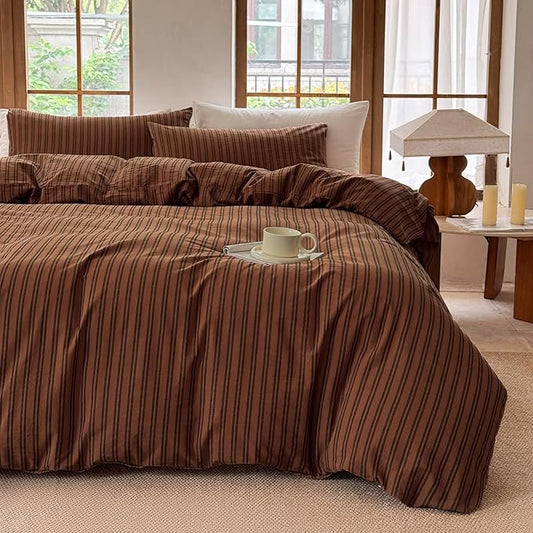 Striped Duvet Cover Set 100% Washed Cotton Linen Like Soft Feelling Breathable Bedding(Burnt Orange/Black Strip,Twin)