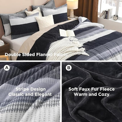 Litanika Fluffy Fleece King Size Comforter Set, Luxury Soft Plush Fuzzy Dark Grey Stripe Bedding Comforter Sets, Warm Shaggy Faux Fur Bed Set All Season (1 Comforter, 2 Pillowcases)