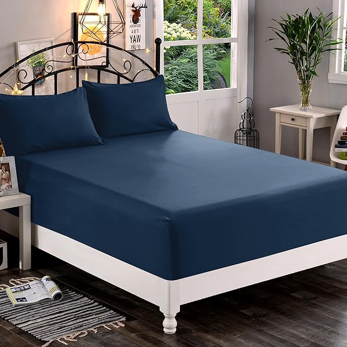 Elegant Comfort 1500 Premium Quality Fitted Sheet Ultra Soft 18-24 Inch Extra Deep Pocket - Single Fitted Sheet for High Mattress - Wrinkle Free with Smart Storage Pockets, Queen, Navy Blue
