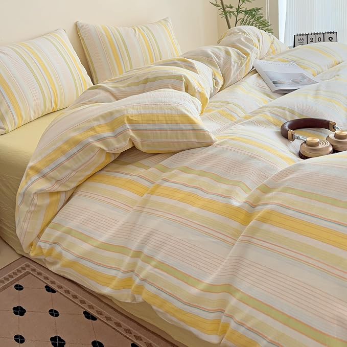VM VOUGEMARKET Yellow Striped Duvet Cover Set Queen 100% Washed Cotton Bedding Set 3 Piece Colorful Pinstripes Comforter/Quilt Cover with Zipper Closure Corner Ties,Modern Cozy for Girls
