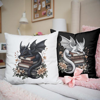 Vintage Magical Black White Dragon Reading Book Decor Throw Pillow Covers 18x18 Set of 2, Fantasy Room Decor for Kids, Gamers, and Bookworms,Reading Nook Decor, Gifts for Bookworm Readers(78)