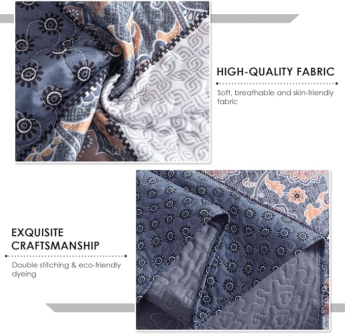 Travan 3-Piece Queen Bedspread Quilt Set Lightweight Coverlet Set Garden Style Floral Printed Oversized Quilted Bedding Set with Shams for All Season, Exquisite, Queen Size